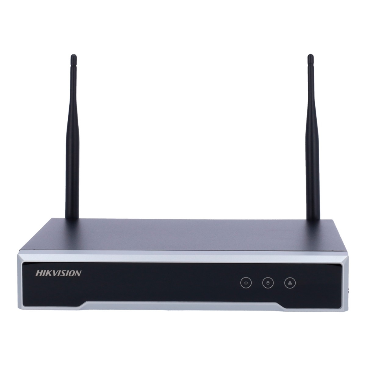 Dispositivo Hikvision nero e argento con due antenne e tre pulsanti. Il dispositivo è su sfondo bianco.