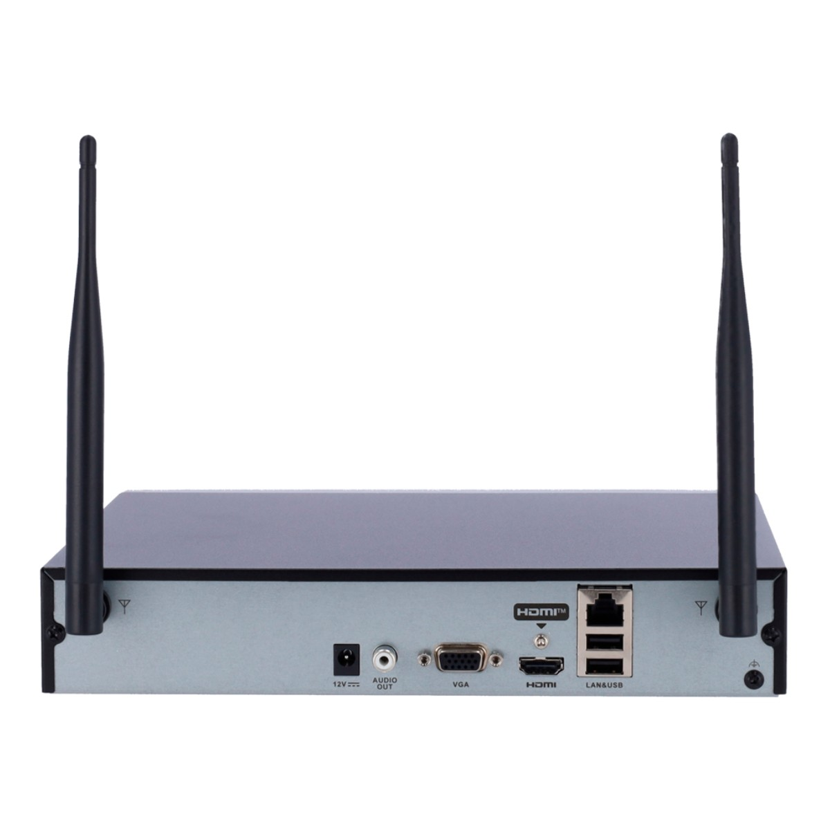 Vista posteriore di un dispositivo elettronico nero con due antenne. Le porte includono HDMI, LAN, USB e VGA. Lo sfondo è bianco.