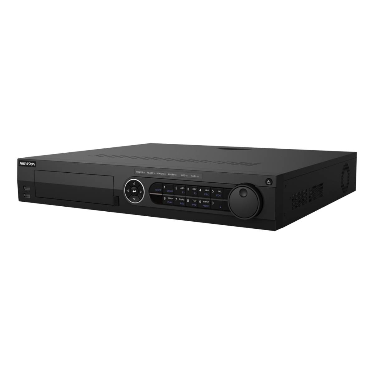 Un registratore DVR Hikvision nero con pulsanti e un quadrante sulla parte anteriore. La parte superiore indica POWER, READY, STATUS, ALARM, HDD e Tx/Rx.