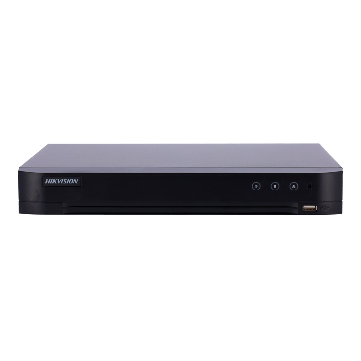 Un dispositivo DVR Hikvision negro y gris. Tiene puertos de alimentación, grabación y USB. El dispositivo está sobre un fondo blanco.