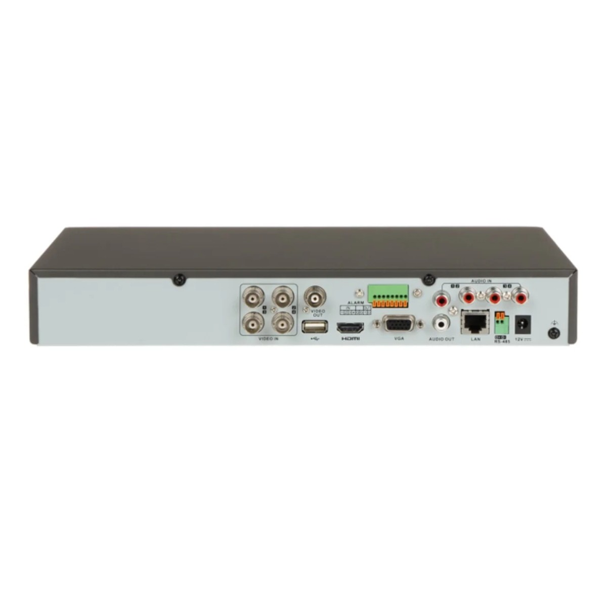 Vista trasera de un DVR negro con múltiples puertos: Video In, HDMI, VGA, Salida de audio, LAN y entrada de alimentación. El fondo es blanco.