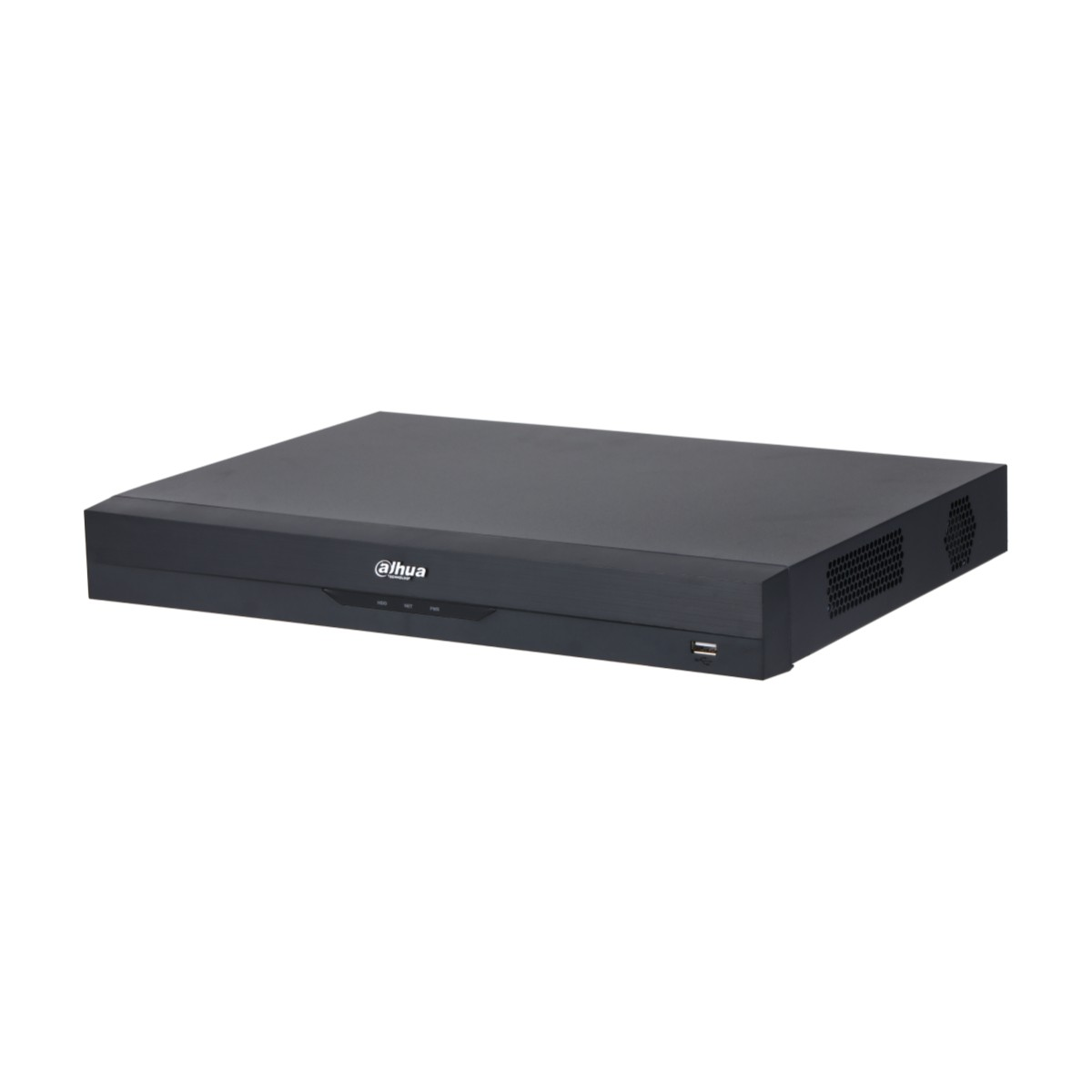 Un videoregistratore digitale (DVR) Dahua nero è su una superficie bianca. Il DVR ha il logo Dahua sul davanti.