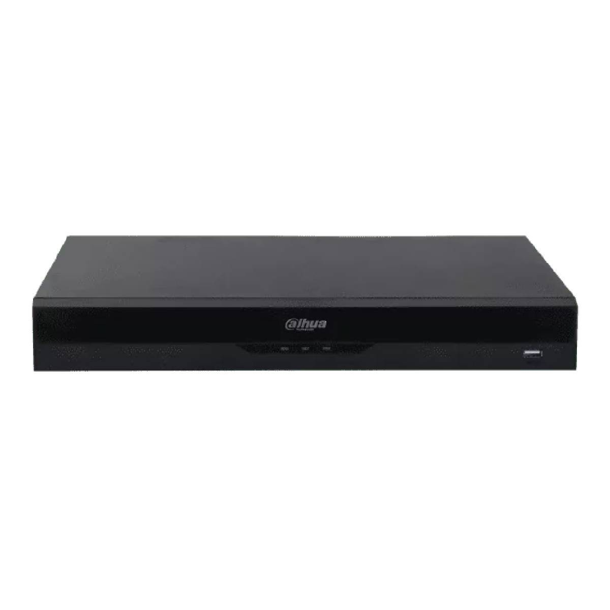 Un registratore DVR nero con il logo 'dahua'. Ha un design elegante e rettangolare ed è posto su sfondo bianco.