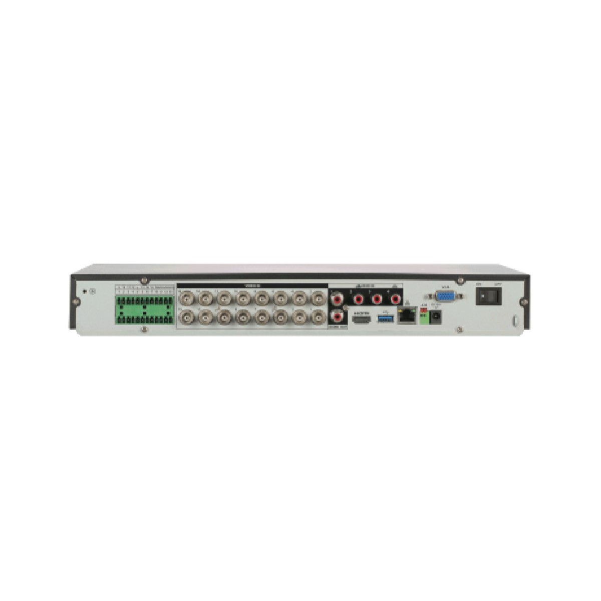Vista posteriore di un dispositivo DVR. Ha più connettori, tra cui BNC, HDMI, USB e ingressi di alimentazione, disposti su un pannello grigio.