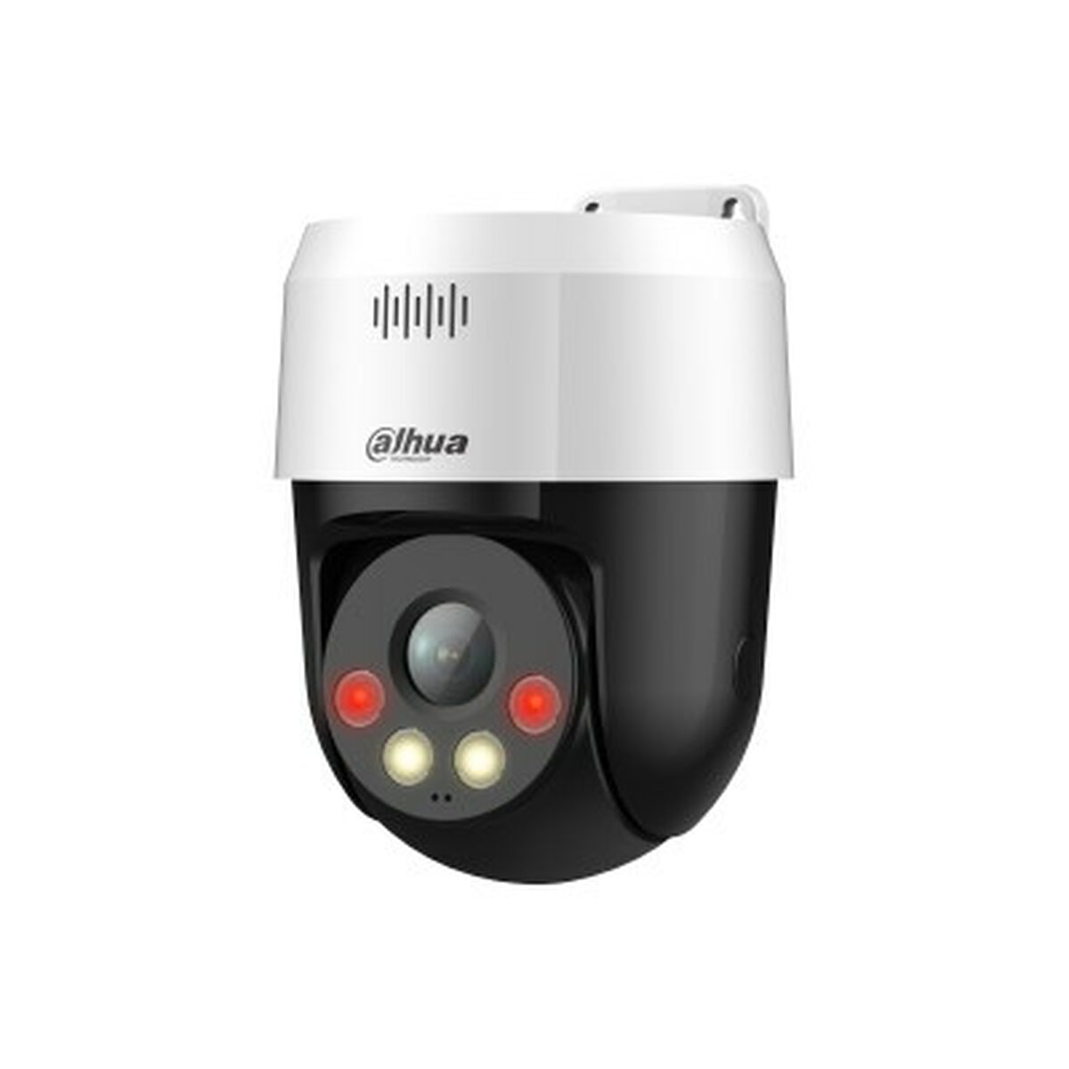 Una telecamera di sicurezza con parte superiore bianca e inferiore nera. Ha una lente e luci rosse e gialle. Il marchio è visibile.