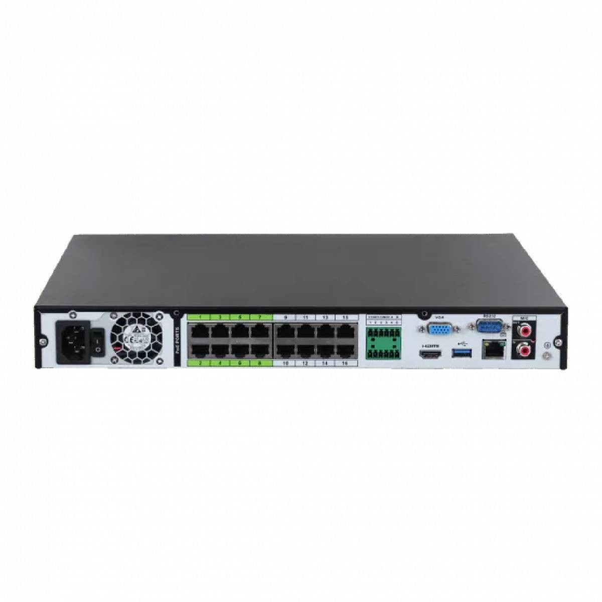 Uno switch di rete nero e grigio con varie porte e connettori. Include ingresso alimentazione, ventola e porte Ethernet multiple.