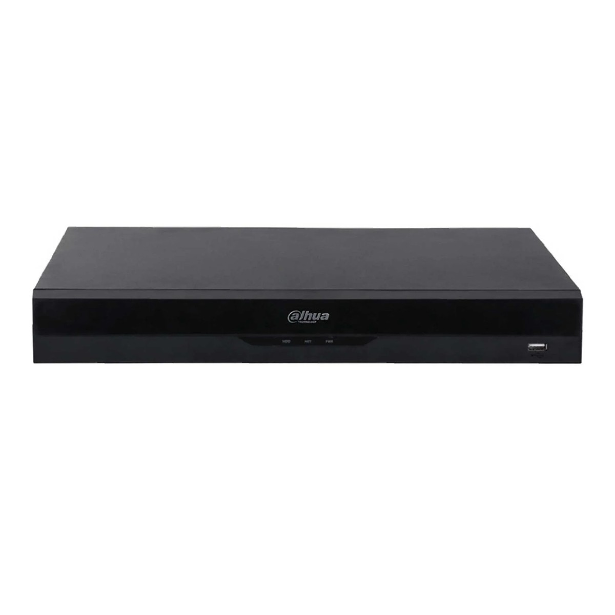Ein schwarzes Dahua DVR-Gerät auf weißem Hintergrund. Das Gerät hat eine rechteckige Form mit dem Dahua-Logo und Kontrollleuchten.