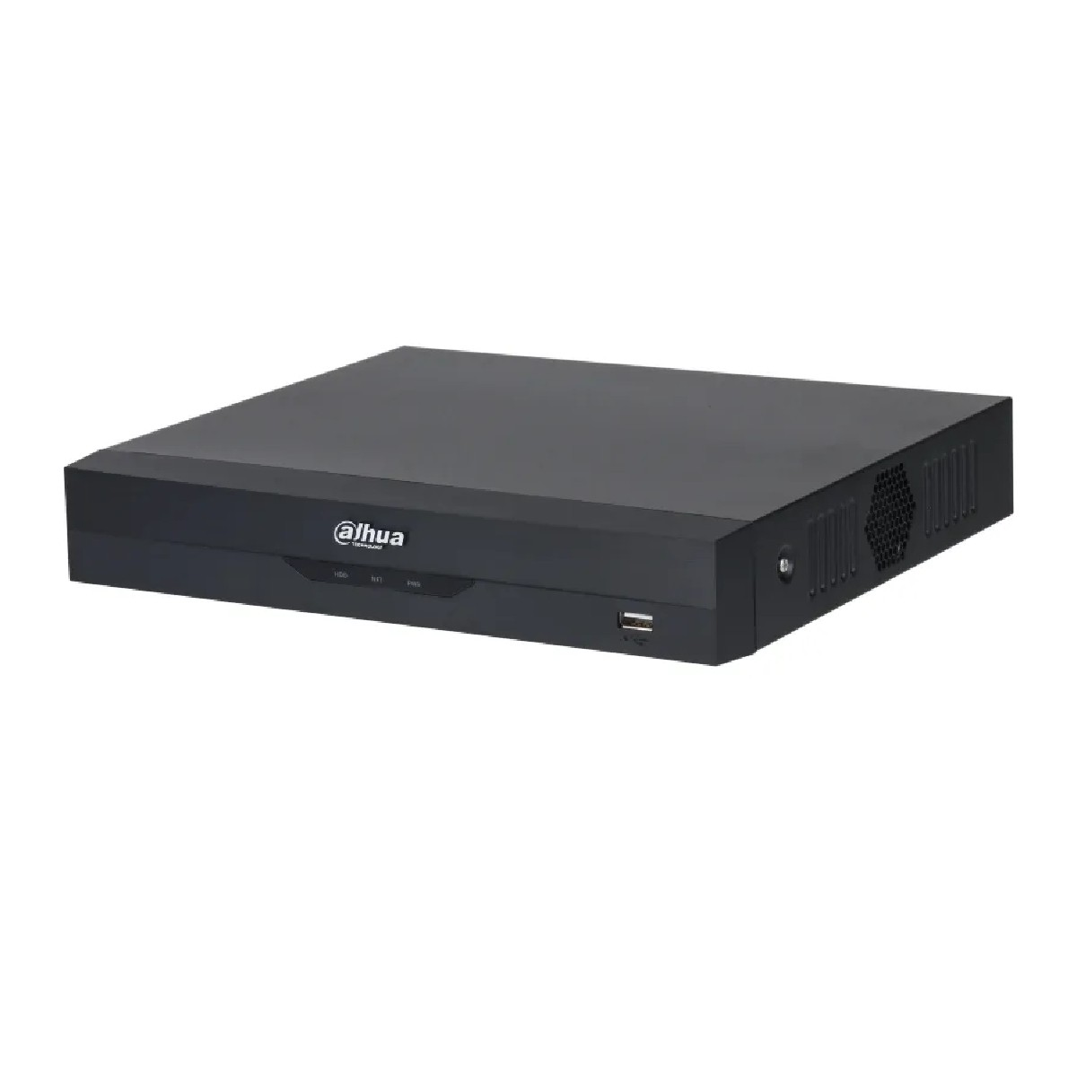 Ein schwarzer Dahua DVR auf weißem Hintergrund. Er hat Anschlüsse, ein Logo und ein Lüftungsgitter. Das Gerät ist rechteckig und modern.