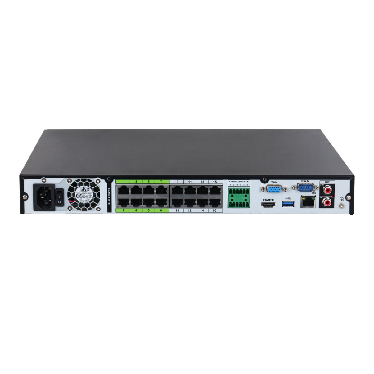 Ein schwarzes Netzwerkgerät mit Anschlüssen, einem Lüfter und Anschlüssen mit den Bezeichnungen VGA, HDMI und RS232. Die Zahlen 1-16 befinden sich auf der Vorderseite.