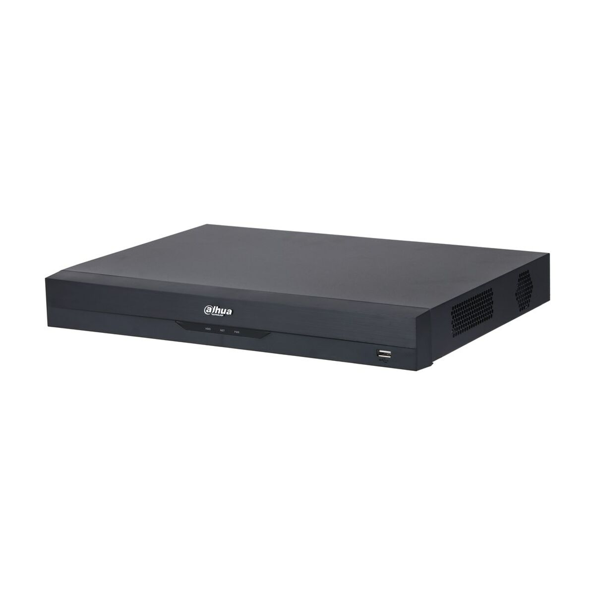 Un dispositivo DVR nero su sfondo bianco. Ha il logo 'dahua' e porte USB. Il dispositivo è di forma rettangolare.