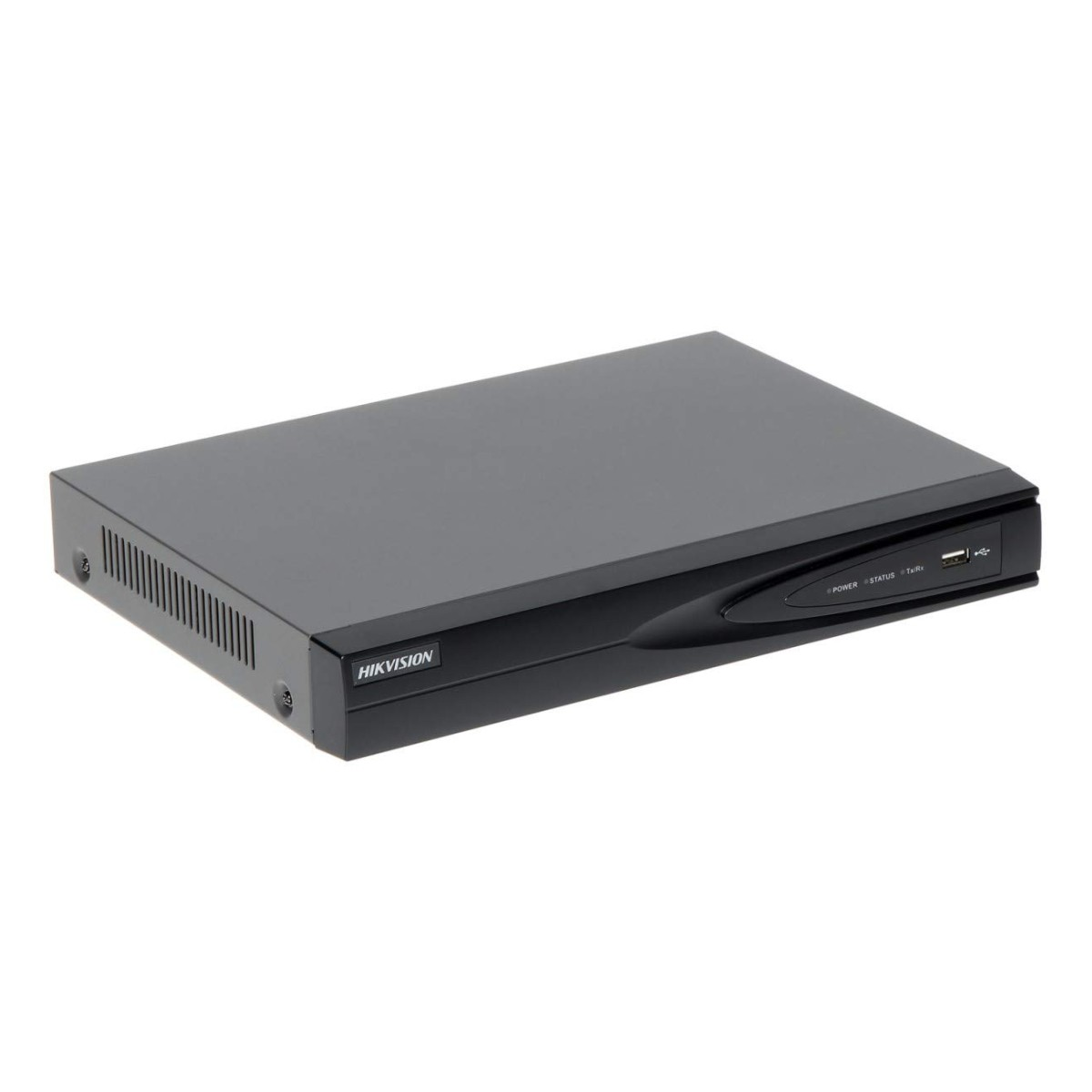 Un DVR Hikvision negro sobre fondo blanco. El DVR tiene indicadores de encendido, estado y Tx/Rx.