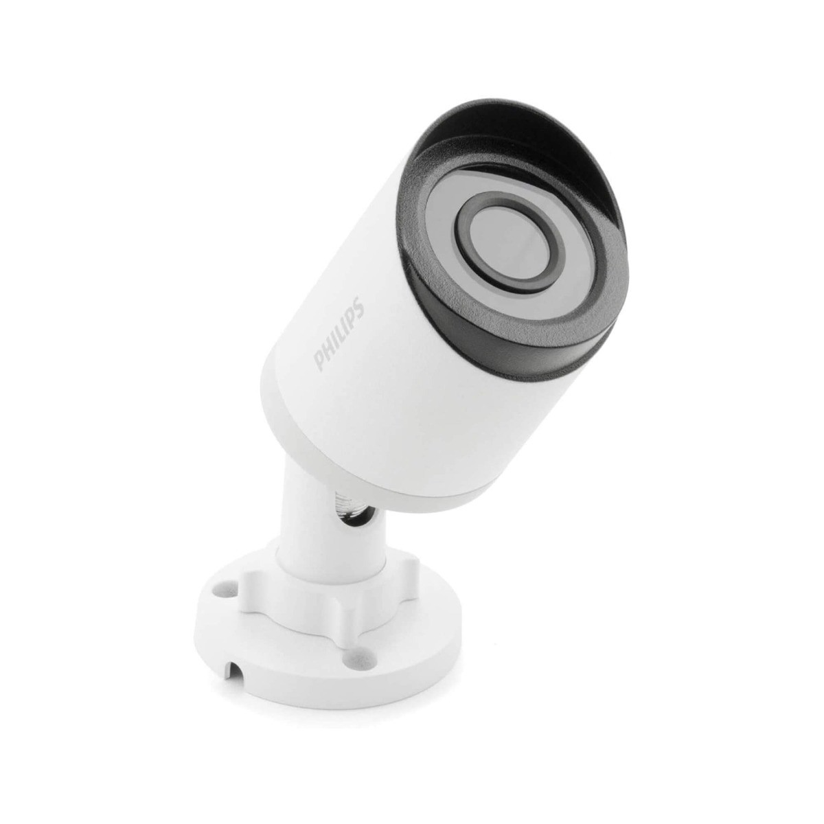 Una cámara de seguridad Philips blanca, con una cubierta de lente negra, montada sobre una base blanca. La cámara está orientada hacia el espectador.