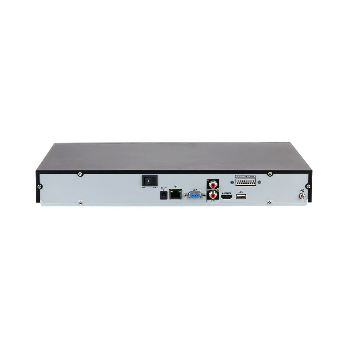 Un dispositivo DVR nero e argento con varie porte. Dispone di connessioni di ingresso/uscita per alimentazione, video e audio.