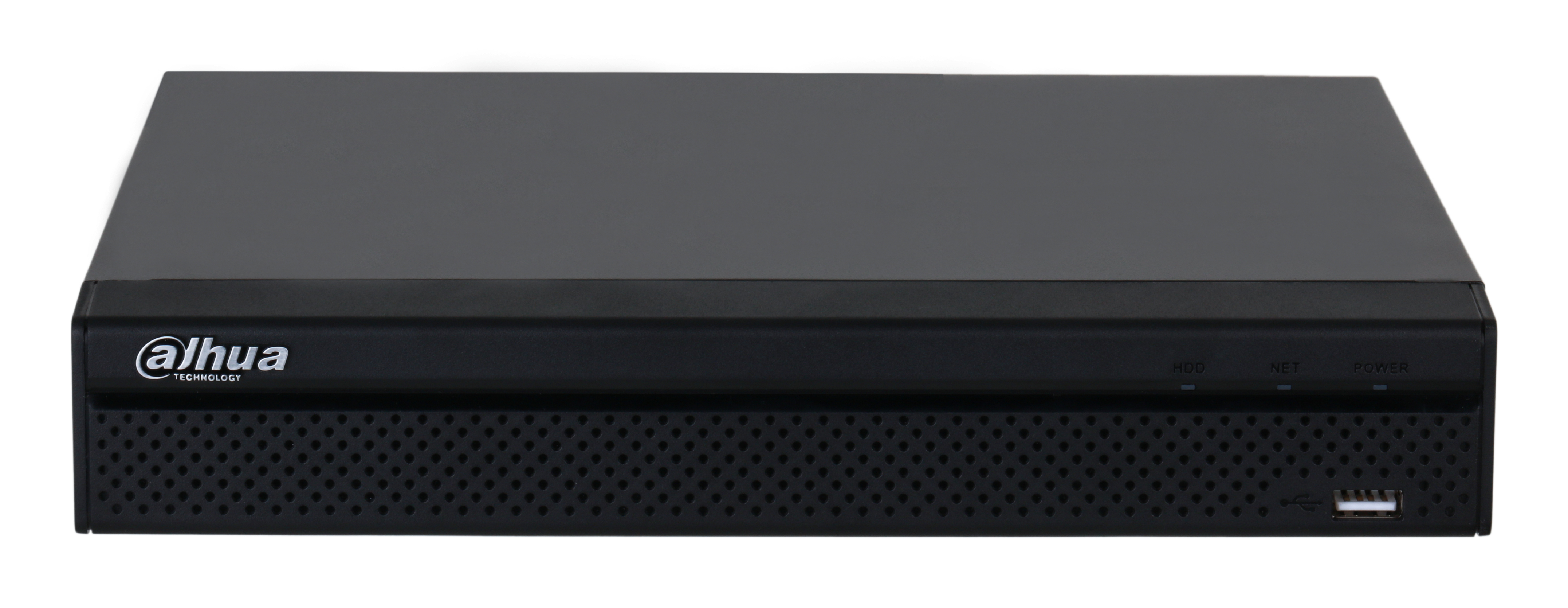 Un DVR Dahua nero. Ha il logo Dahua, indicatori HDD, NET e POWER. È visibile una porta USB. Il dispositivo è su sfondo bianco.