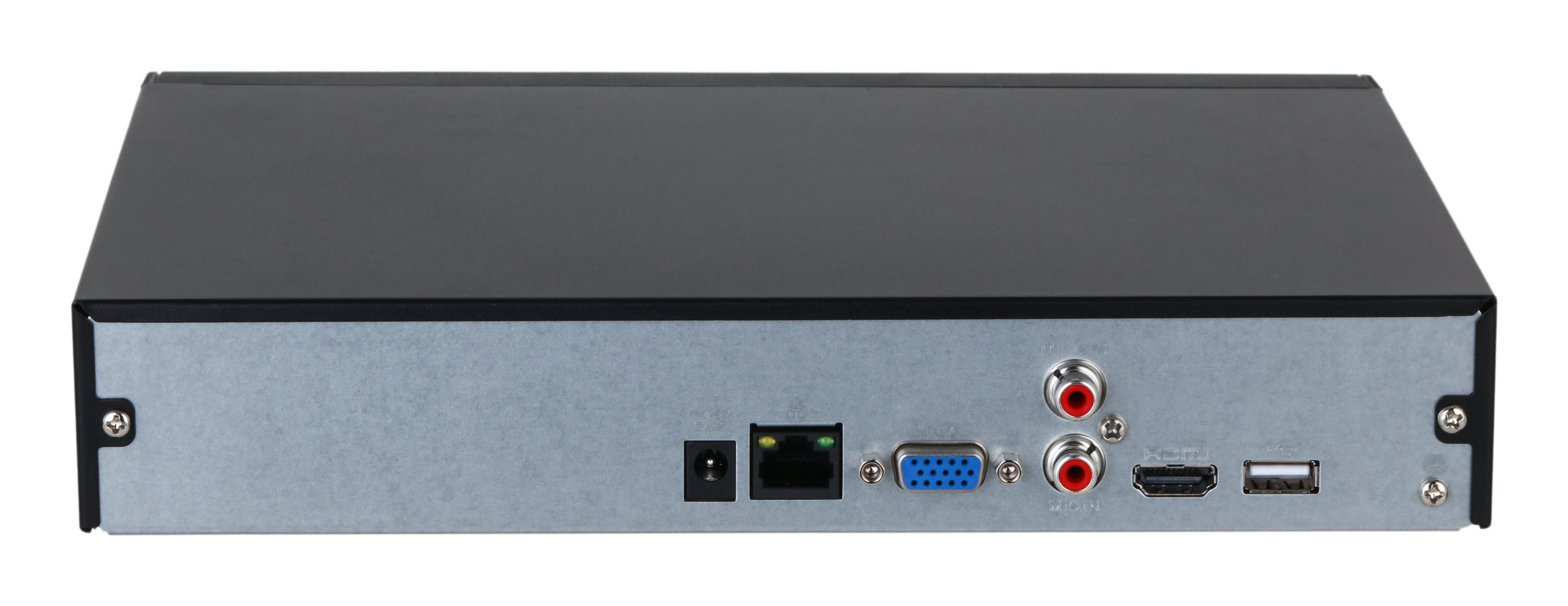 Vista posteriore di un DVR nero. Ha varie porte come HDMI, USB, ingressi audio e rete. L'involucro è in metallo grigio.