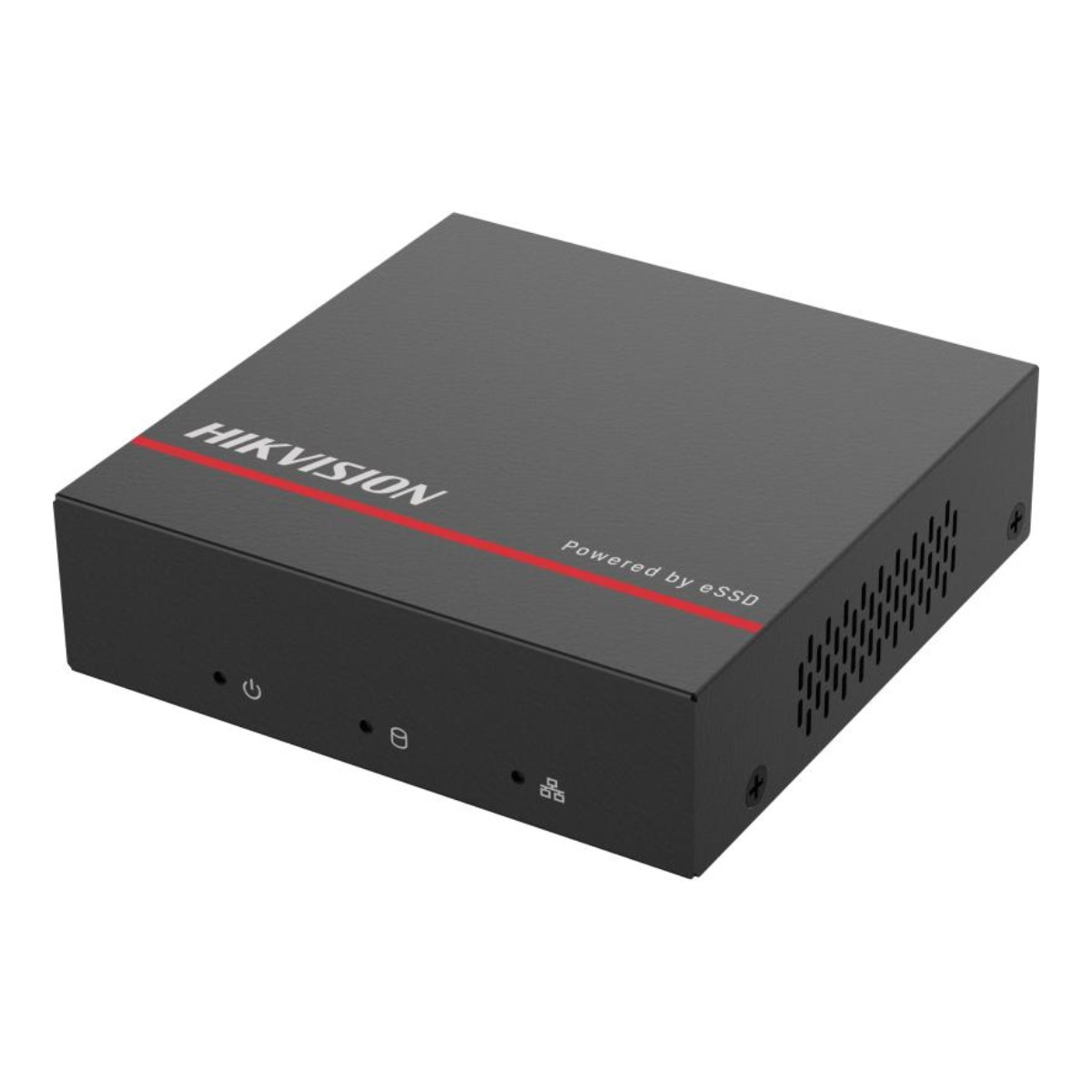 Un dispositivo eSSD Hikvision nero con dettagli rossi. Ha il logo Hikvision e 'Powered by eSSD' in alto. Porte frontali.