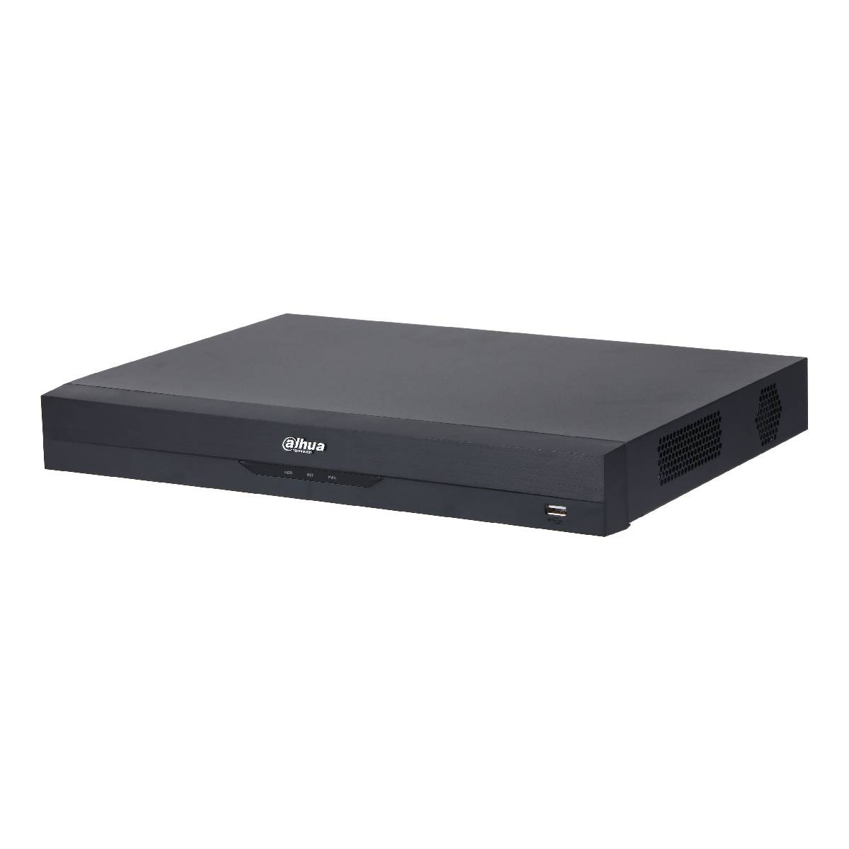 Un registratore DVR nero con il marchio 'dahua', di forma rettangolare, con ventilazione sul lato destro e alcuni indicatori.
