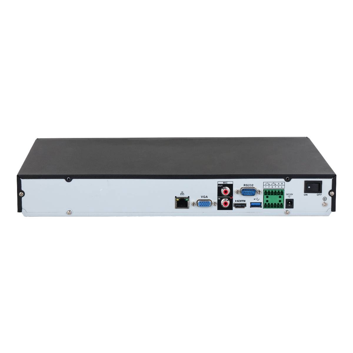 Il retro di un dispositivo DVR nero. Le porte includono VGA, HDMI, RS232 e DC12V. È visibile anche l'interruttore di accensione/spegnimento.