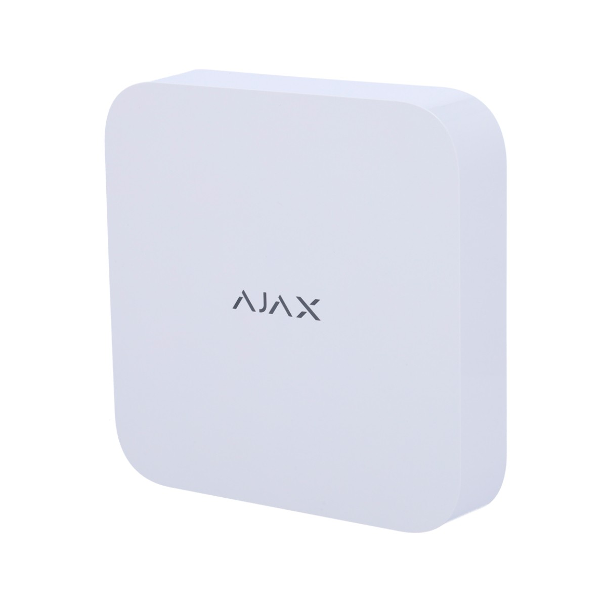 Dispositivo bianco con angoli arrotondati e logo 'AJAX'. Il dispositivo è un pannello di controllo del sistema di sicurezza. Isolato su sfondo bianco.