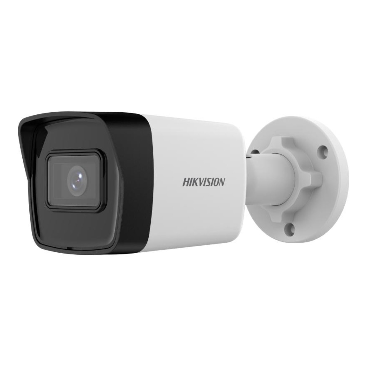 Eine weiße und schwarze Hikvision-Überwachungskamera mit runder Montagebasis. Das Objektiv ist zentriert, und der Markenname ist sichtbar.