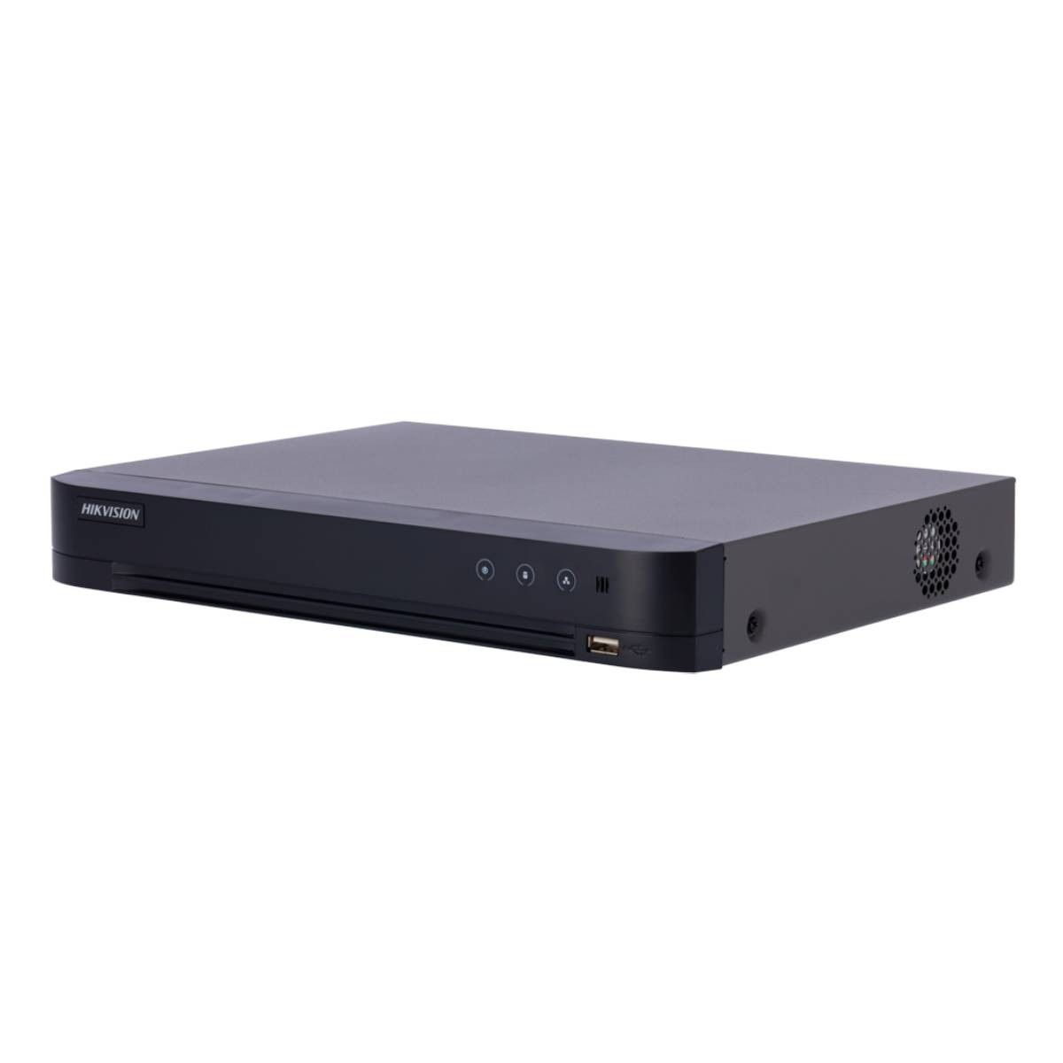 Un dispositivo DVR Hikvision nero. Ha pulsanti, una porta USB e una griglia di ventilazione. Lo sfondo è bianco.