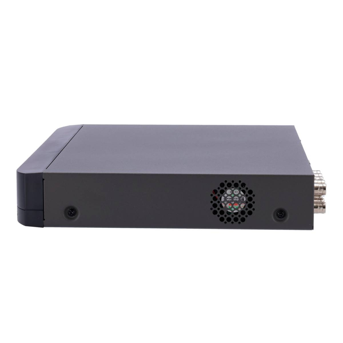 Un dispositivo elettronico grigio scuro, forse un server, con ventola, porte e dettagli delle viti, su sfondo bianco.