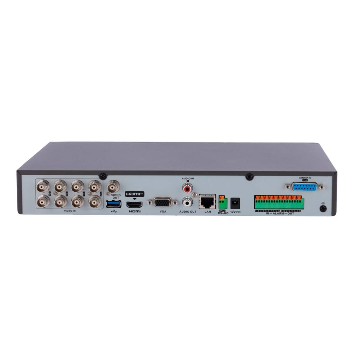 Vista posteriore di un dispositivo DVR nero. Dispone di più porte etichettate: Video In, HDMI, VGA, Audio Out, LAN, RS-485 e Alarm Out.