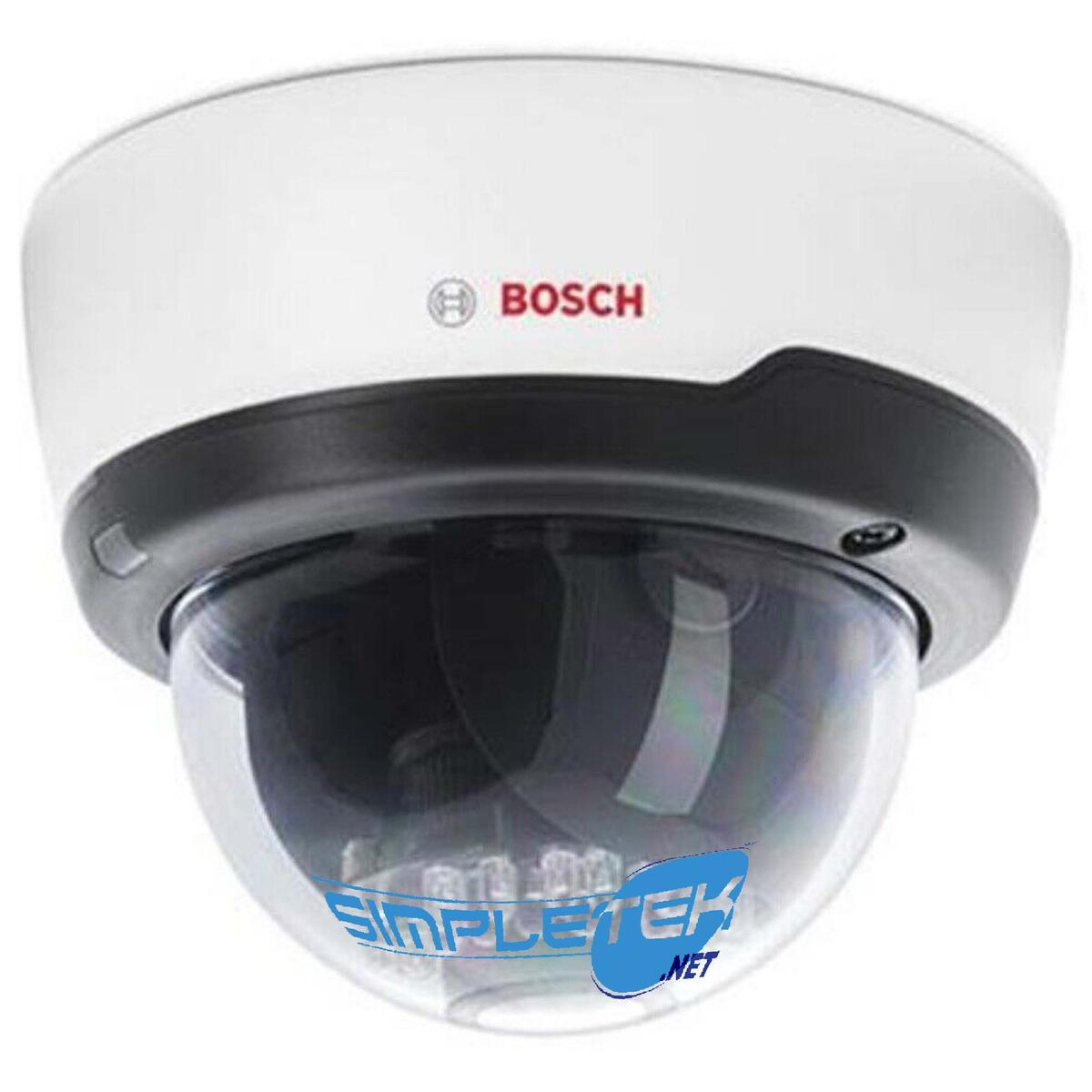 Una telecamera di sicurezza con parte superiore bianca, base nera e cupola trasparente. Il logo Bosch è rosso.
