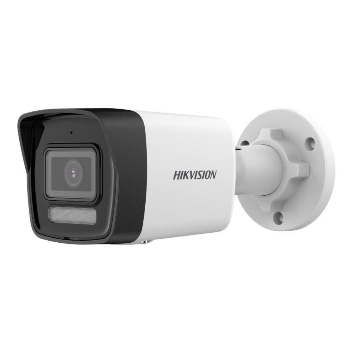 Una telecamera di sicurezza Hikvision bianca e nera. La telecamera è montata su una base circolare bianca. L'obiettivo è visibile.