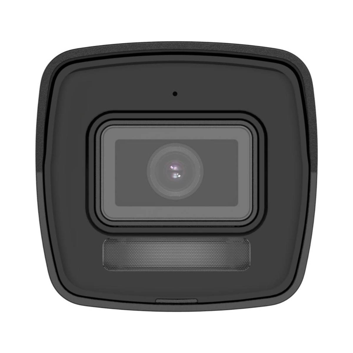 Telecamera di sicurezza nera con obiettivo, microfono e griglia simile a un altoparlante. Sfondo bianco.