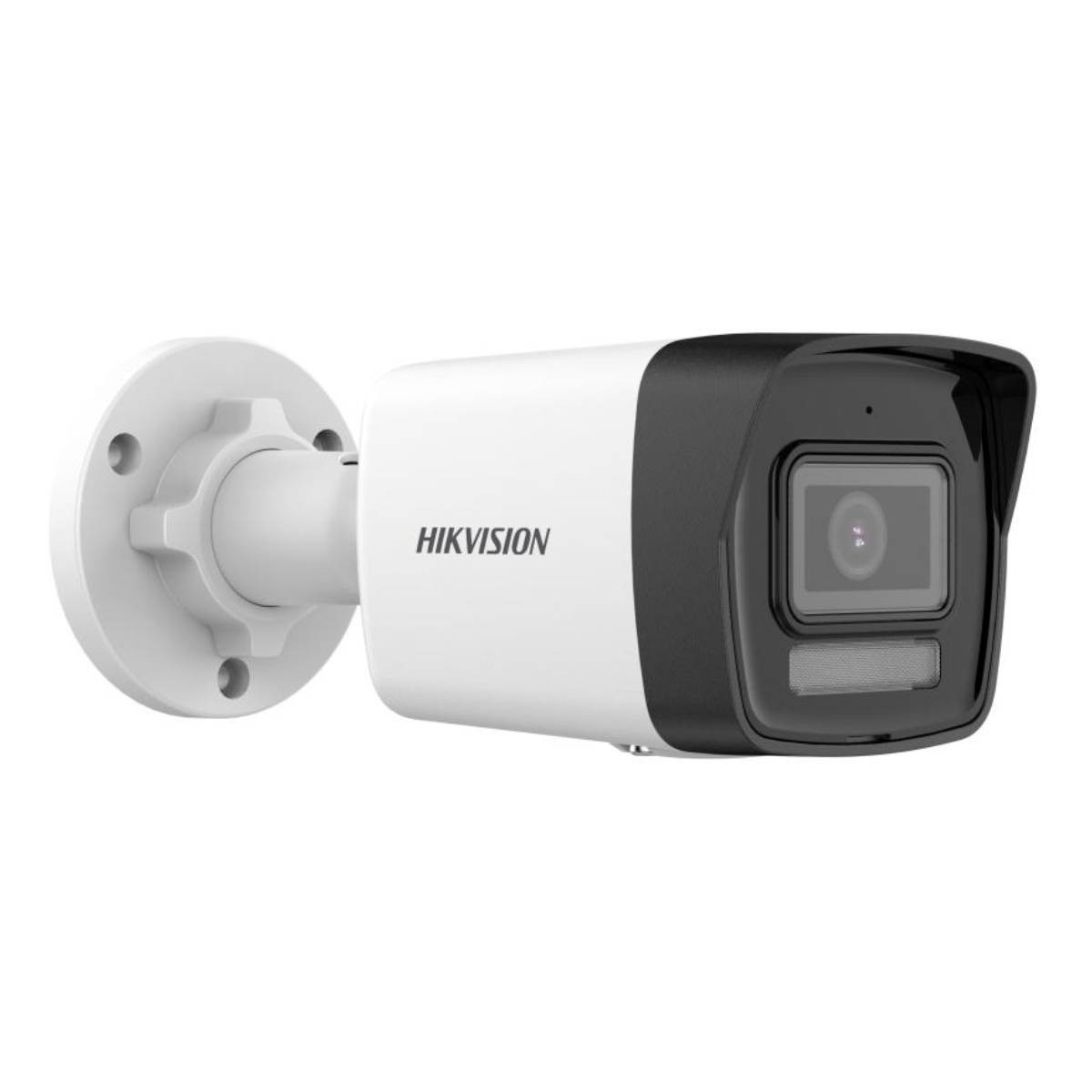 Telecamera di sicurezza Hikvision bianca e nera. Ha un obiettivo e un supporto.