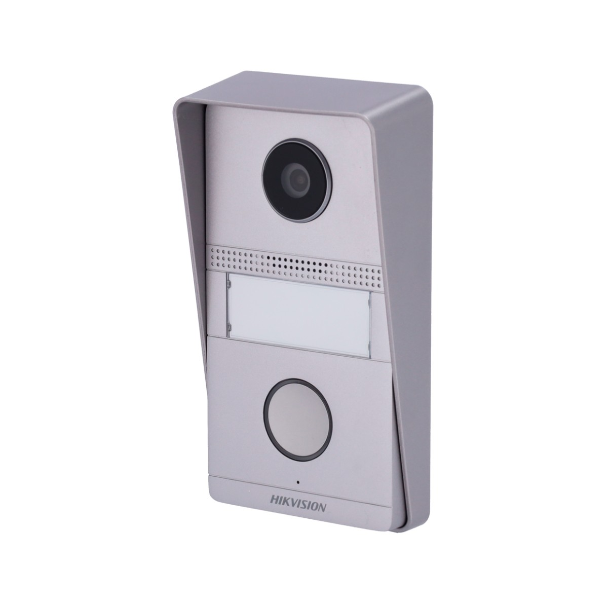 Timbre Hikvision plateado con cámara, altavoz y botón. Incluye una etiqueta en blanco y un pequeño micrófono.