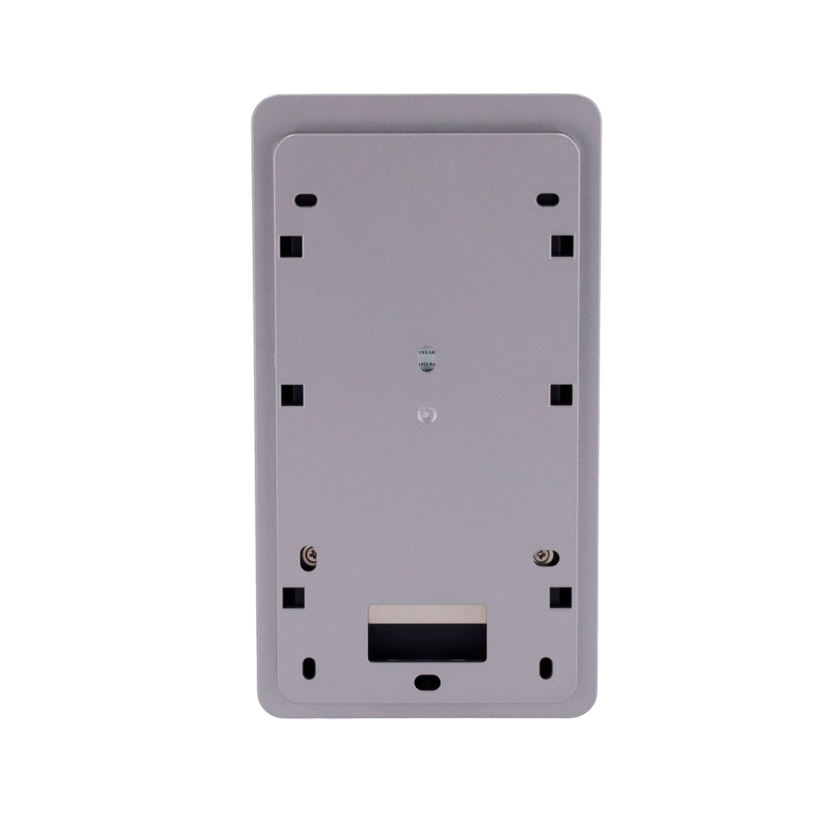 Un dispositivo rectangular gris con esquinas redondeadas, varios agujeros cuadrados y circulares negros y una pequeña abertura rectangular en la parte inferior.