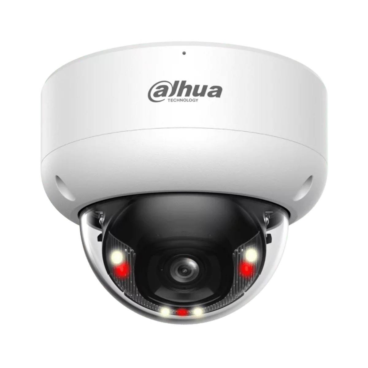 Una telecamera di sicurezza Dahua bianca. Ha un obiettivo a cupola con spie rosse e bianche. Il logo del marchio è visibile in alto.