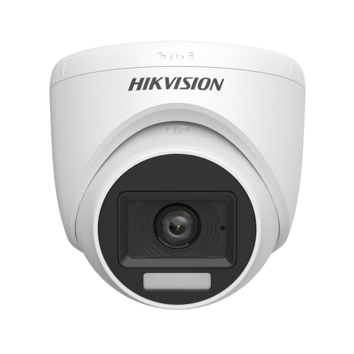 Una cámara de seguridad Hikvision blanca con lente negra y logotipo. Es redonda con un frente plano y se monta sobre una superficie blanca.