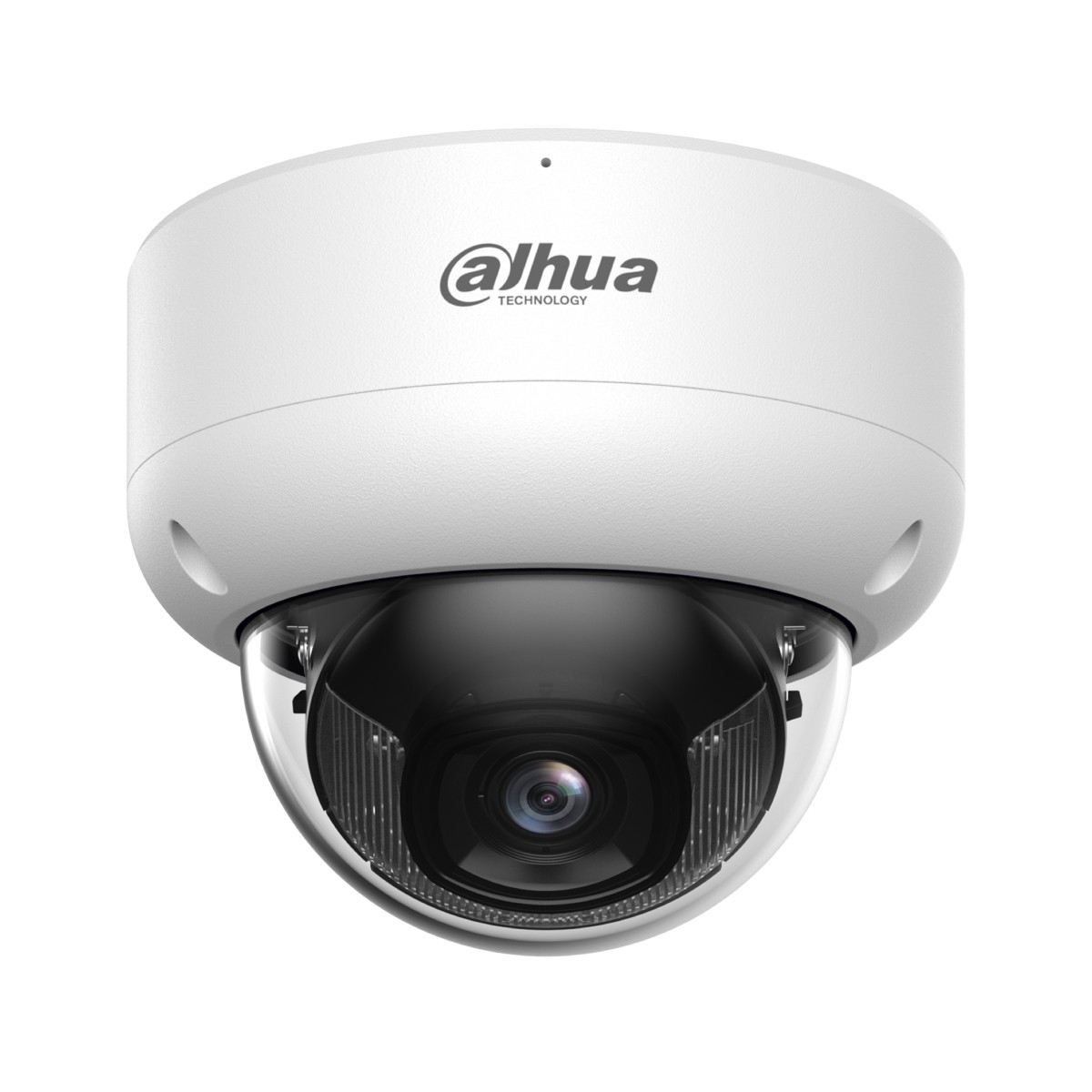 Una telecamera di sicurezza a cupola Dahua bianca. Ha una cupola scura trasparente con lente e si trova su sfondo bianco.