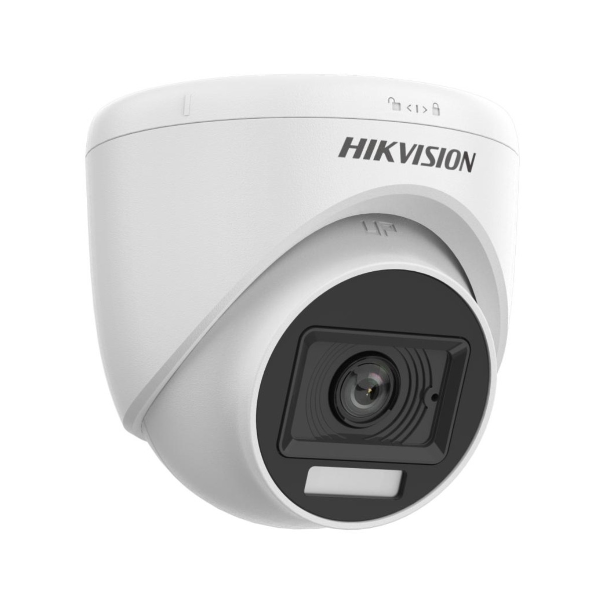 Cámara de seguridad Hikvision blanca. Cuenta con una lente negra y el nombre de la marca. Diseñada con forma de cúpula y un aspecto moderno y elegante.