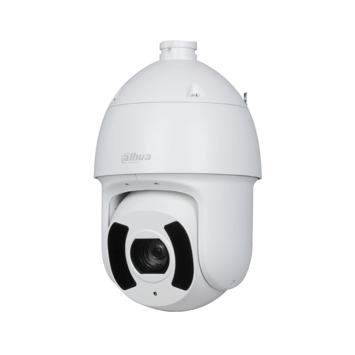 Una telecamera di sicurezza Dahua bianca. Ha una forma a cupola con una lente e accenti neri. La telecamera è su sfondo bianco.