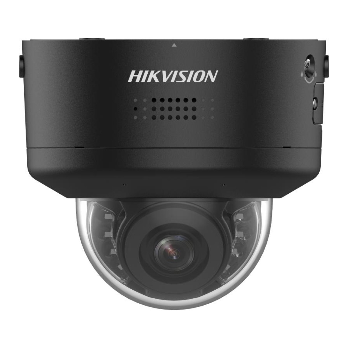 Una telecamera di sicurezza a cupola Hikvision nera con un obiettivo chiaro e arrotondato. Il logo è bianco. È su sfondo bianco.