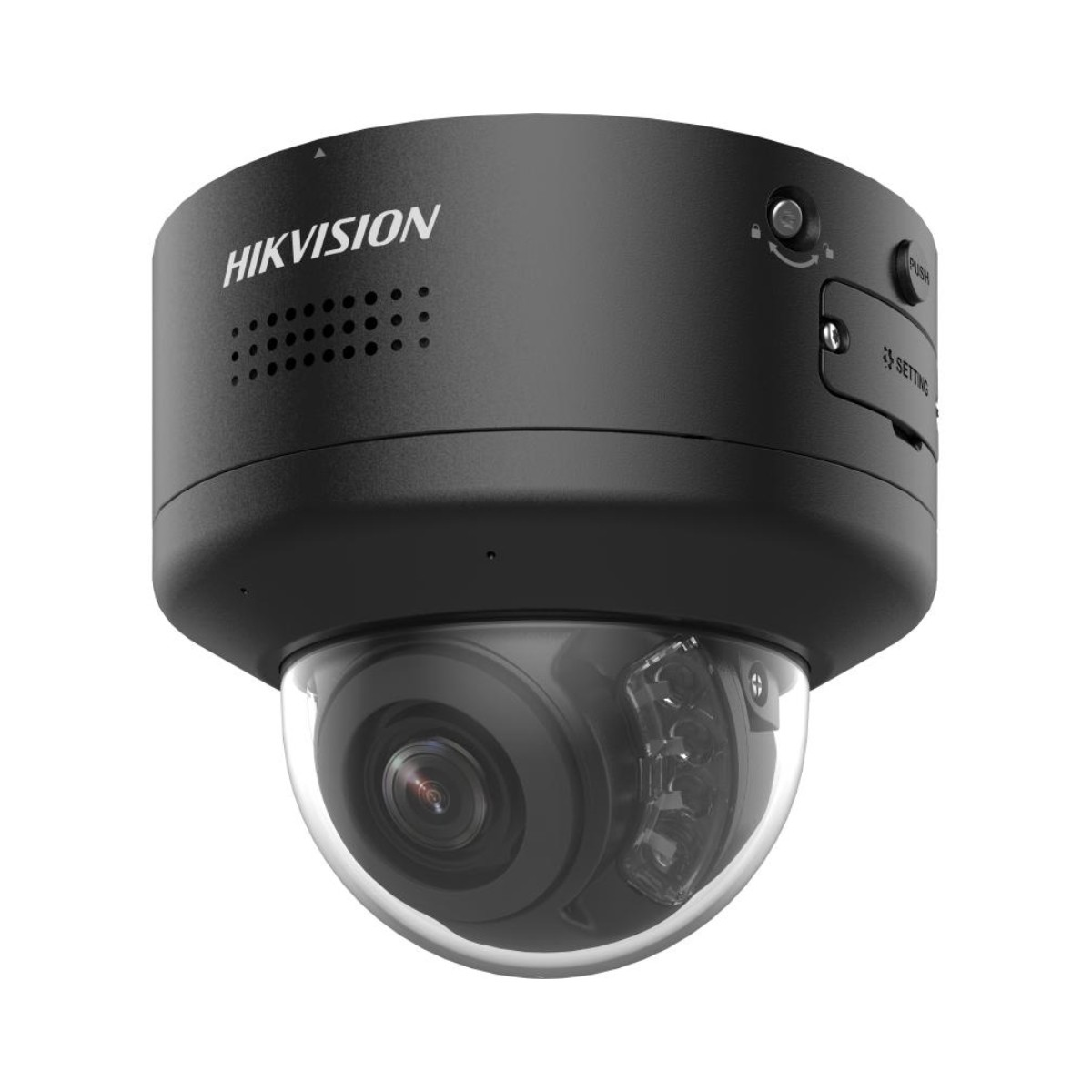Telecamera di sicurezza a cupola Hikvision nera. Ha una cupola trasparente, LED a infrarossi e pulsanti di impostazione. Lo sfondo è bianco.