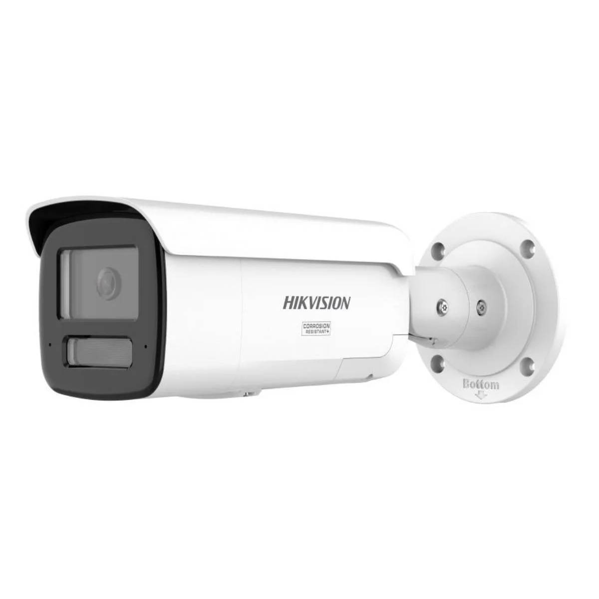 Telecamera di sicurezza Hikvision bianca. Ha un'area lente nera e una base di montaggio bianca. Il testo sulla telecamera dice 'HIKVISION' e 'CORROSION RESISTANT+'.