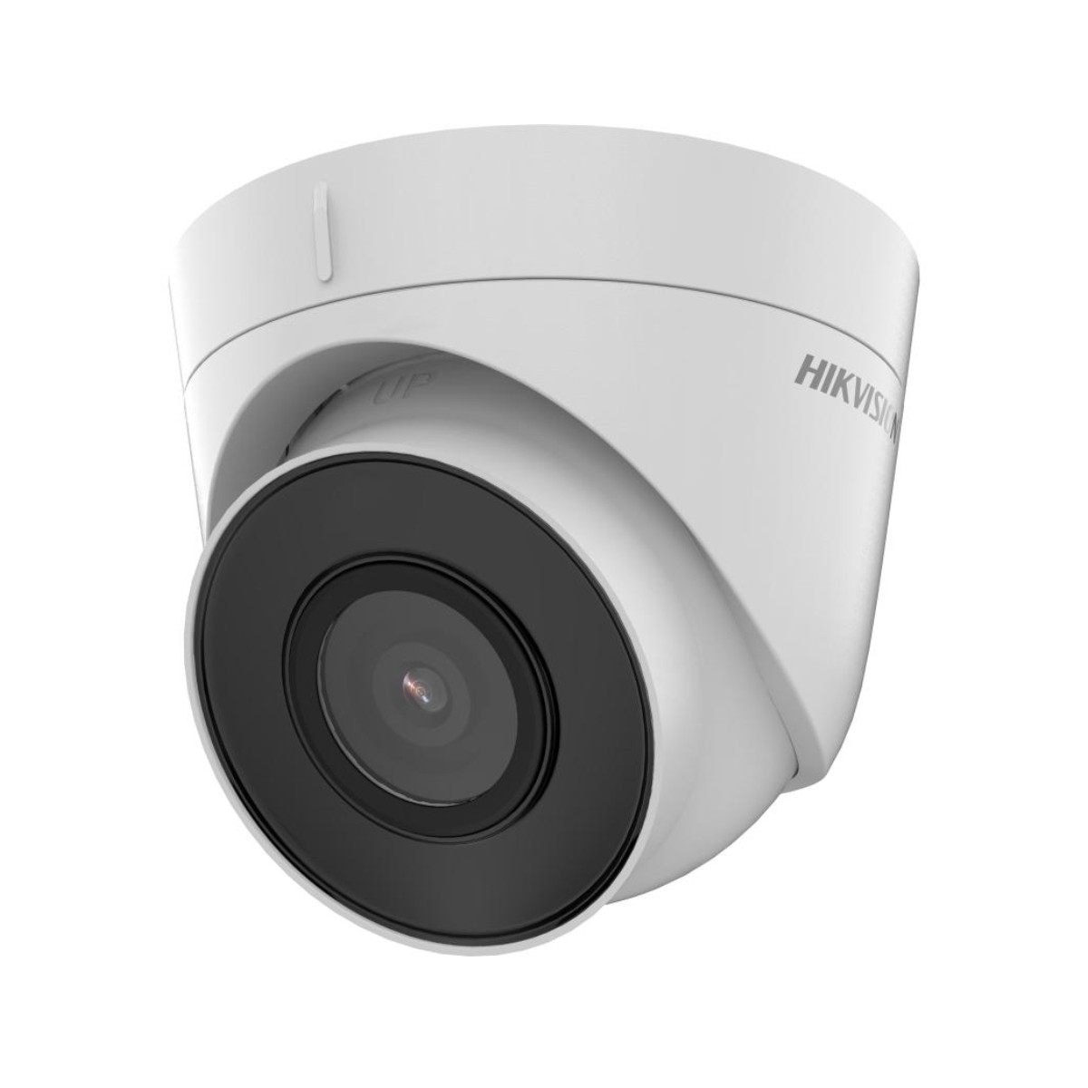 Weiße, kuppelförmige Hikvision-Überwachungskamera. Sie hat ein schwarzes Objektiv, umgeben von einem schwarzen Ring. Das Wort 'UP' ist zu sehen.