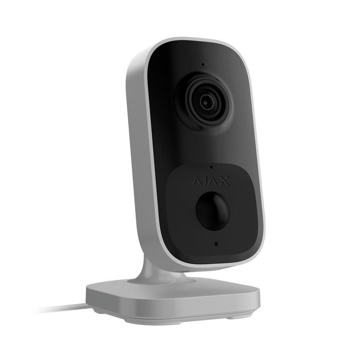 Una telecamera di sicurezza è su una superficie bianca. Ha una faccia nera con la scritta AJAX. La telecamera è bianca e ha un obiettivo nero.