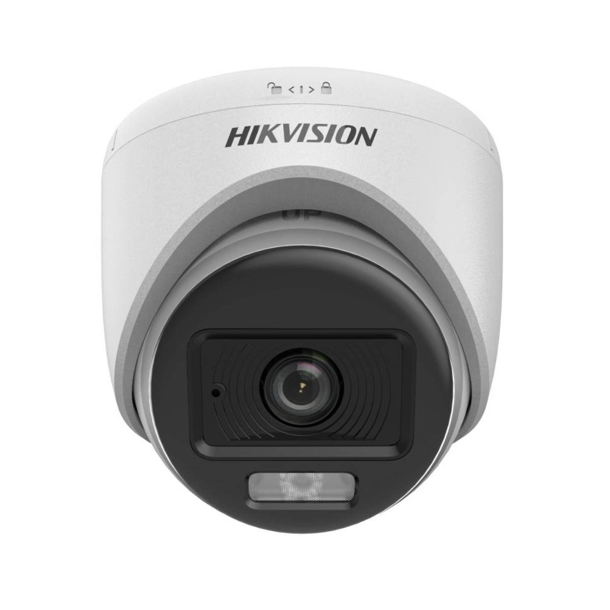 Beyaz Hikvision güvenlik kamerası. Siyah bir merceğe ve beyaz bir arka plan üzerinde dikdörtgen bir kızılötesi ışığa sahip.