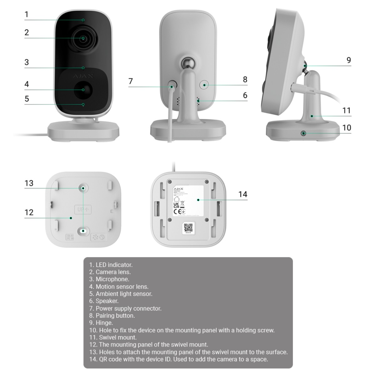 Telecamera di sicurezza bianca con frontale nero, etichetta AJAX. Include obiettivo, microfono e sensori, con supporto girevole.