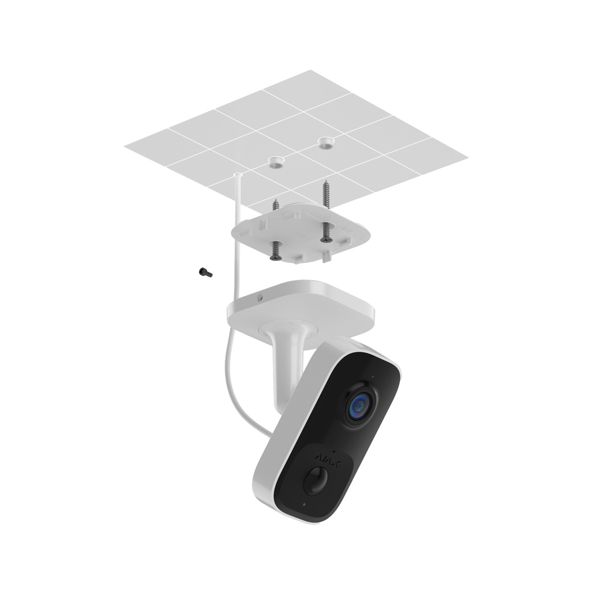Telecamera di sicurezza bianca e nera staccata da un supporto a soffitto, con viti visibili. La telecamera ha un frontale nero e una lente blu.