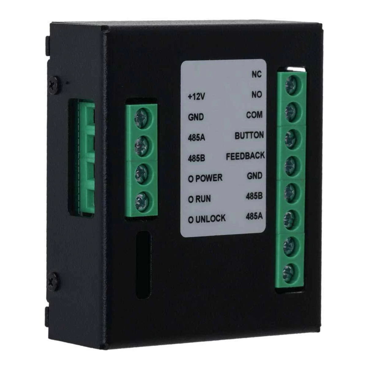 Un componente elettronico nero con terminali verdi. Presenta etichette come +12V, GND e vari punti di connessione. Lo sfondo è semplice.