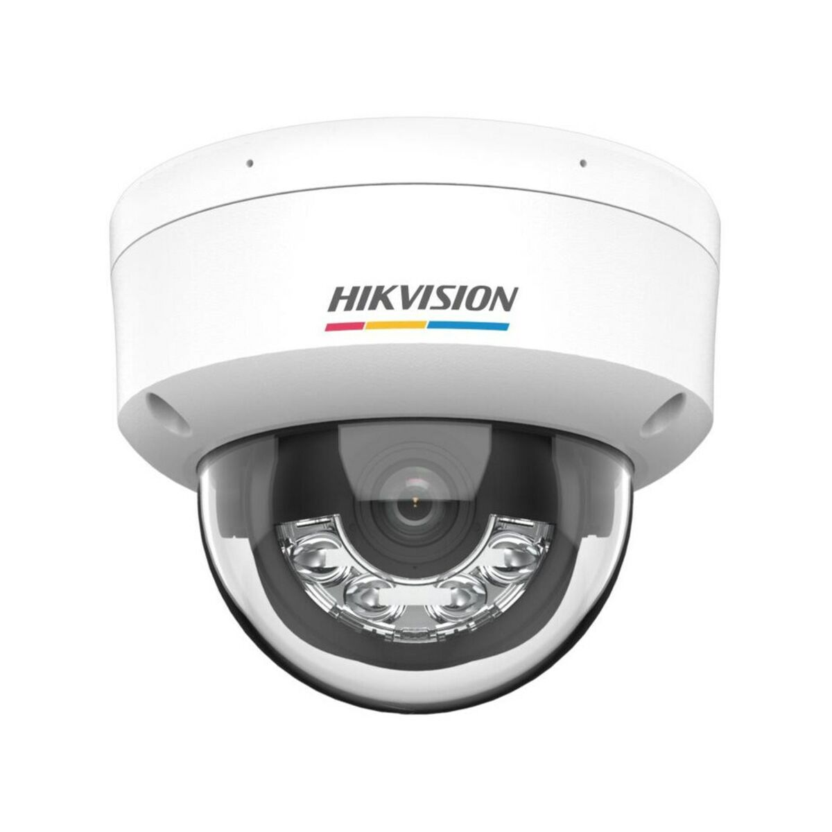 Telecamera di sicurezza a cupola Hikvision bianca. Ha una metà inferiore trasparente e arrotondata e una parte superiore bianca.