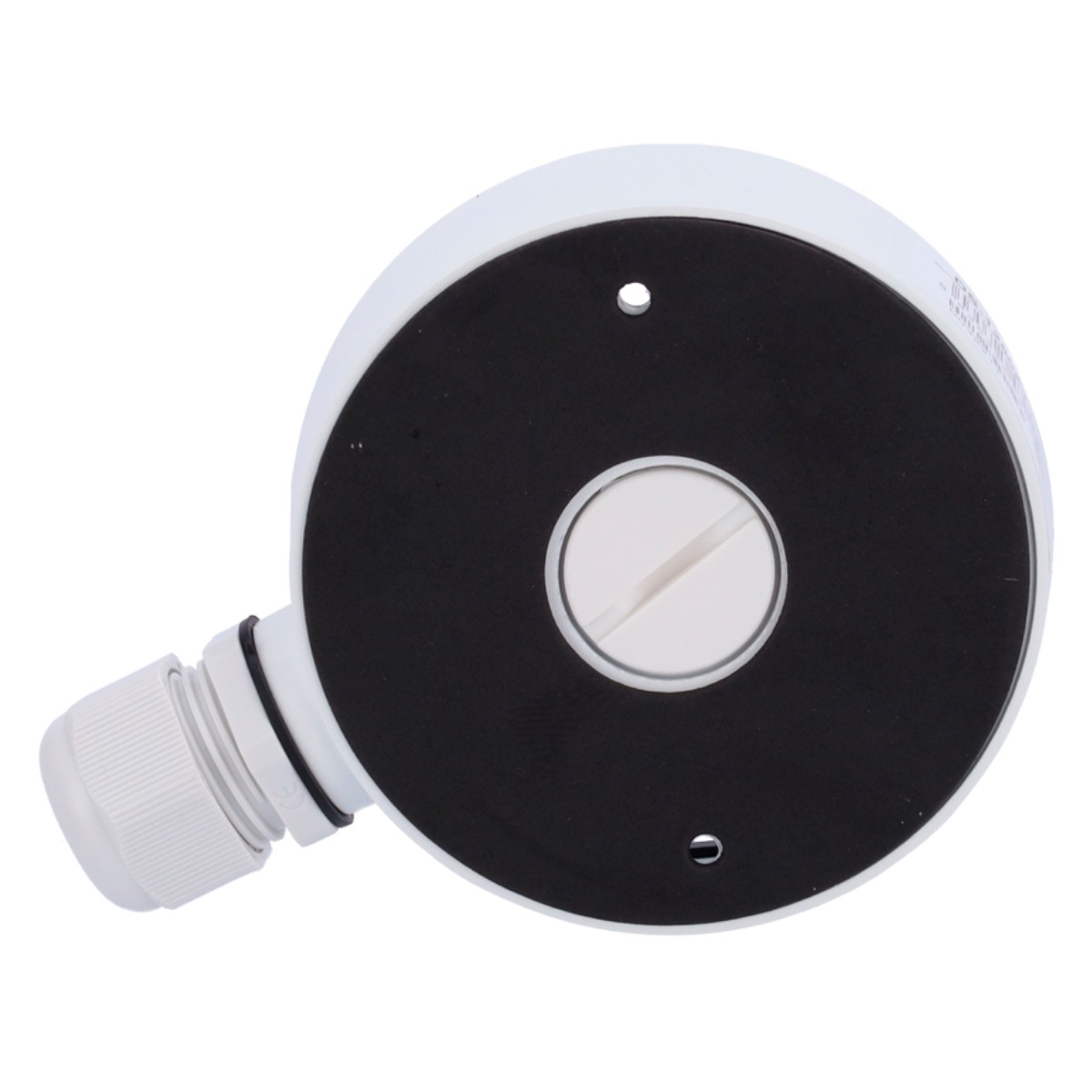Un componente elettrico circolare bianco con centro nero. Una vite al centro. Un connettore bianco si estende verso sinistra.