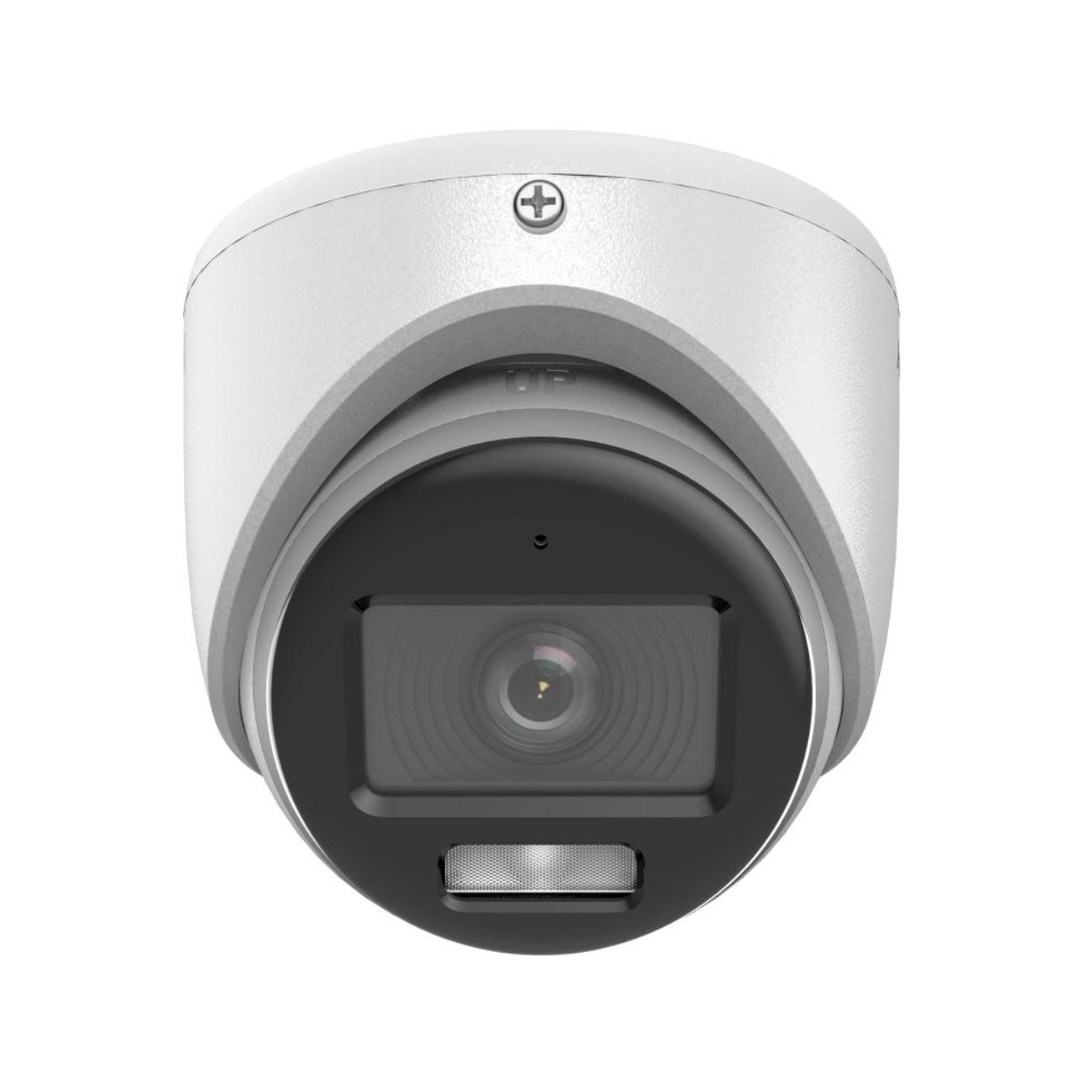Una telecamera di sicurezza bianca con obiettivo nero. Ha una forma arrotondata con una piccola croce in alto.